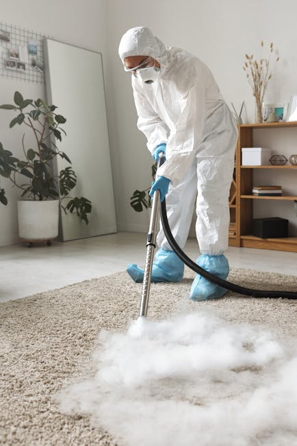 A woman with brown hair tied back, dressed in a light blue striped shirt and jeans, is kneeling on a patterned rug in a living room, using a blue cloth to clean a wooden floor. The room features a gre